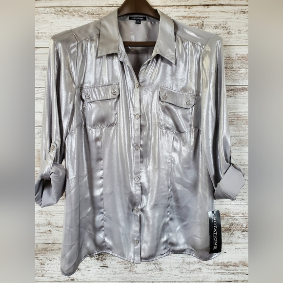 Notations Tops - Y2K Notations Metallic Silver Shimmer Button-Front Blouse with Roll-Tab Sleeves
